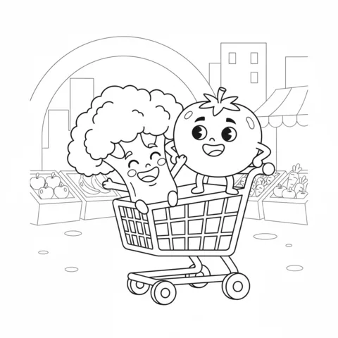 Vegetables coloring page: a happy broccoli in a shopping cart with a tomato at a market