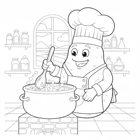 Vegetables coloring page: a potato chef stirring a big pot on a stove in a kitchen