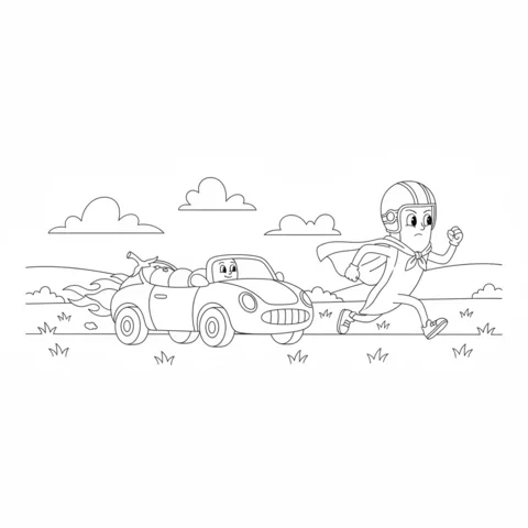Vegetables coloring page: a superhero vegetable running away from a car with another vegetable