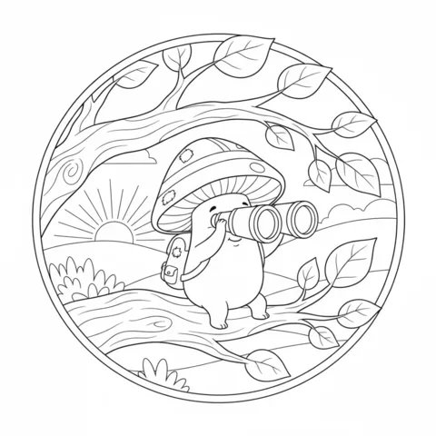 Vegetables coloring page: a mushroom with a backpack looking through binoculars in a forest