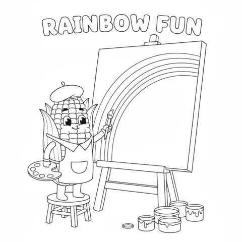 Vegetables coloring page: a corn cob artist painting a rainbow on an easel