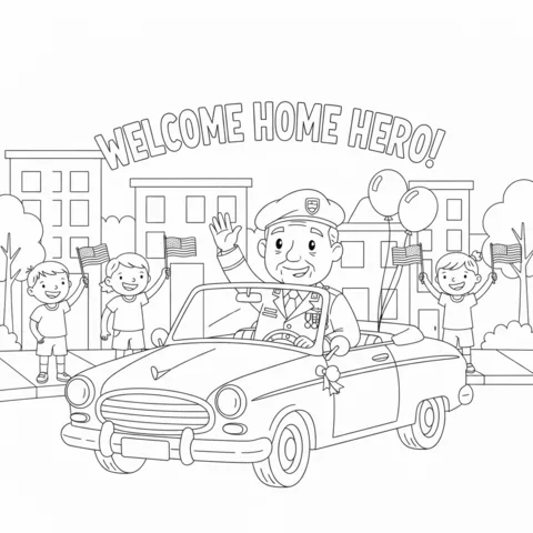 Disegno Giorno dei Veterani da colorare: un veterano in uniforme che saluta da un'auto decappottabile in una parata