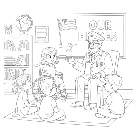 Disegno Giorno dei Veterani da colorare: un veterano in uniforme che racconta storie a quattro bambini in un'aula