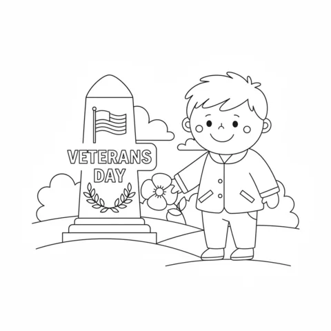 Disegno Giorno dei Veterani da colorare: un ragazzo che posiziona un papavero su una lapide con una bandiera americana