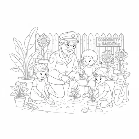 Disegno Giorno dei Veterani da colorare: un veterano e tre bambini che fanno giardinaggio in un orto comunitario