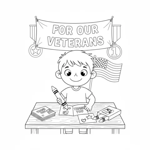 Disegno Giorno dei Veterani da colorare: un ragazzo che disegna biglietti di ringraziamento per i veterani su una scrivania di legno