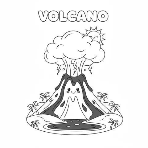 Volcano coloring page: a cute volcano erupting lava and smoke, surrounded by palm trees and a lake