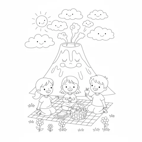 Volcano coloring page: three children having a picnic with sandwiches and fruit in front of a sleeping volcano