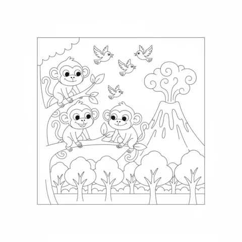 Volcano coloring page: three monkeys on a tree branch watching a volcano erupting smoke and birds flying