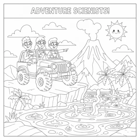 Volcano coloring page: three adventure scientists in a jeep observing a volcano and bubbling hot springs