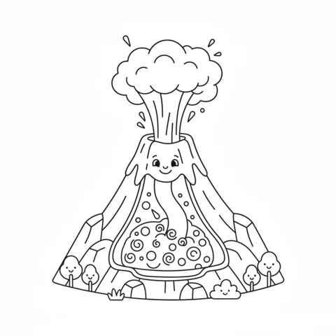 Volcano coloring page: a happy volcano erupting lava into a pool, surrounded by small hills and trees