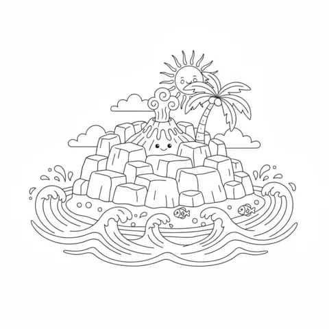 Volcano coloring page: a small volcanic island with a palm tree, surrounded by ocean waves and fish