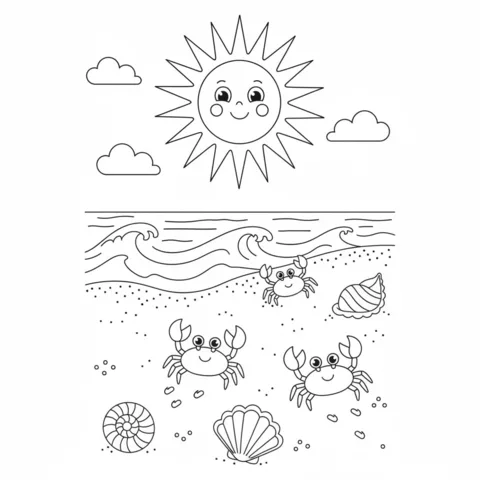 Sun coloring page: a happy sun, clouds, and three crabs on a sandy beach with seashells