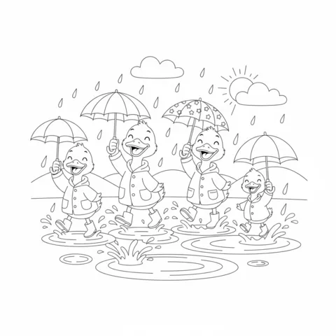 Rain coloring page: four happy ducklings in raincoats and boots splashing in puddles with umbrellas