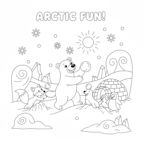 Arctic coloring page: a polar bear, fox, seal, and two penguins playing with snowballs near an igloo