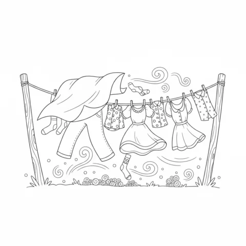 Wind coloring page: clothes on a clothesline, including a sheet, dresses, and socks, blowing in the wind