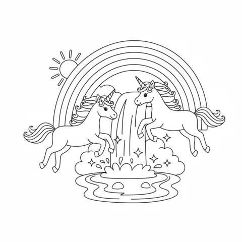 Rainbow coloring page: two unicorns jumping over a waterfall with a rainbow and a sun in the background