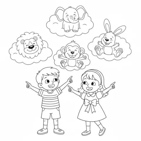 Clouds coloring page: a boy and girl pointing up at five animal-shaped clouds: elephant, lion, monkey, rabbit