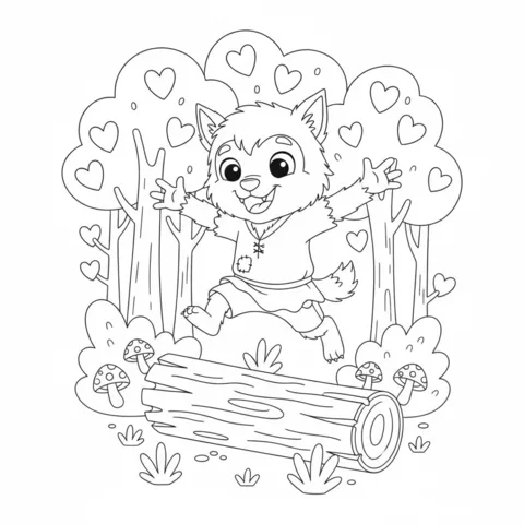 Dibujo de hombre lobo para colorear: un lindo cachorro de hombre lobo saltando sobre un tronco en un bosque con hojas en forma de corazón