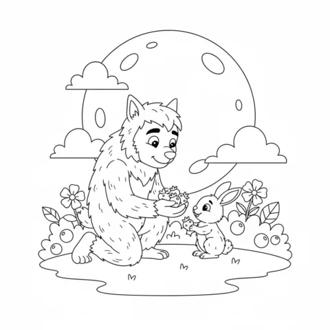 Dibujo de hombre lobo para colorear: un hombre lobo amigable dando flores a un pequeño conejo bajo una luna llena