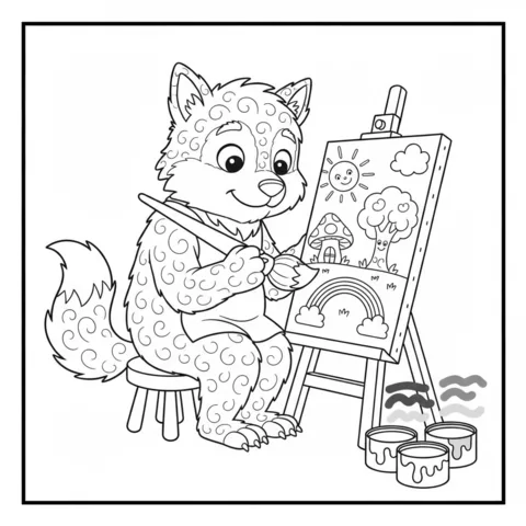 Dibujo de hombre lobo para colorear: un artista hombre lobo pintando un paisaje con un sol, un arcoíris y una casa de hongos