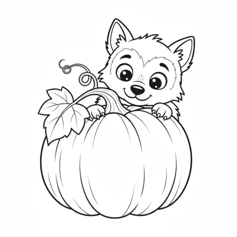 Dibujo de hombre lobo para colorear: un feliz cachorro de hombre lobo asomándose por una calabaza grande y redonda con un tallo rizado
