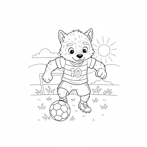 Dibujo de hombre lobo para colorear: un hombre lobo con una camiseta número 10 jugando al fútbol en un campo soleado