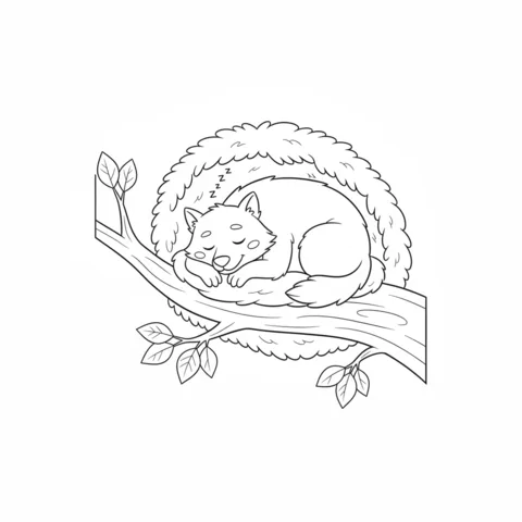 Dibujo de hombre lobo para colorear: un cachorro de hombre lobo tranquilo durmiendo profundamente en un nido acogedor en la rama de un árbol