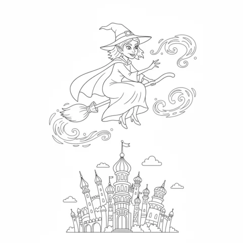 Wicked coloring page: a young witch flying on a broomstick above a fantastical castle