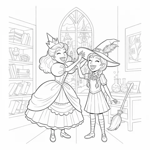 Wicked coloring page: a princess and a witch laughing together in a room with a tall window