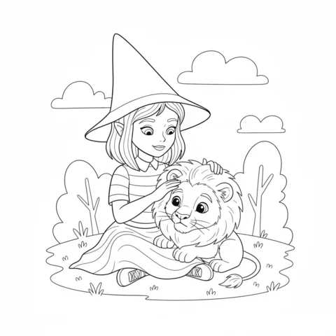 Wicked coloring page: a young witch in a pointed hat petting a small, cute lion cub