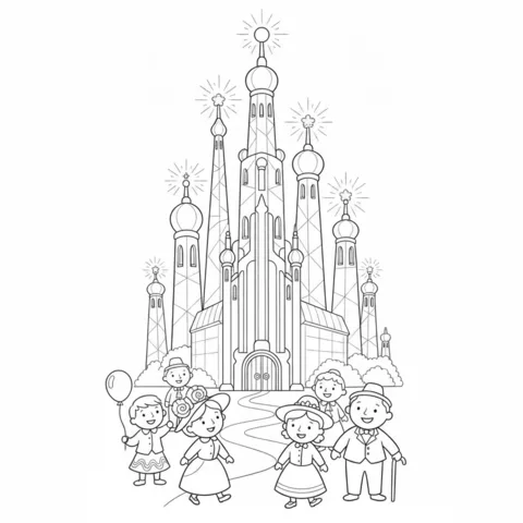 Wicked coloring page: a group of children in old-fashioned clothes walking towards a sparkling castle