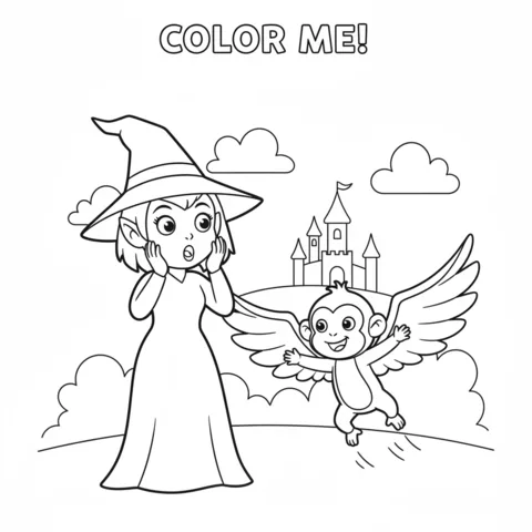 Wicked coloring page: a surprised witch and a flying monkey with a castle in the background