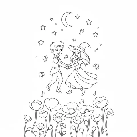 Wicked coloring page: a witch and a boy dancing together among flowers under a crescent moon