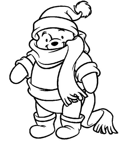 Winnie Puuh Ausmalbild: Winnie Puuh trägt eine Wintermütze, einen Schal und Stiefel, lächelnd