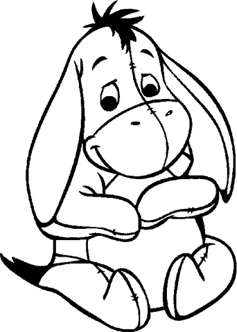 Winnie Puuh Ausmalbild: I-Aah sitzt mit geneigtem Kopf und blickt traurig nach unten