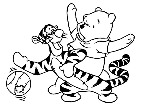 Winnie Puuh Ausmalbild: Tigger springt auf Winnie Puuhs Rücken neben einem Ball