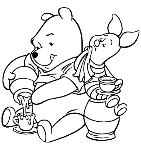 Winnie Puuh Ausmalbild: Winnie Puuh gießt Honig für Ferkel ein, das Tee trinkt