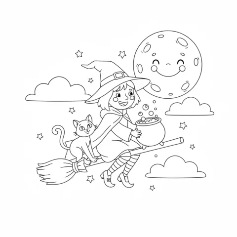 Desenho de bruxa para colorir: uma jovem bruxa e seu gato voando em uma vassoura sob uma lua sorridente