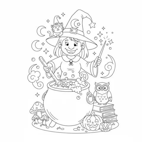 Desenho de bruxa para colorir: uma bruxa mexendo um caldeirão borbulhante com uma coruja, abóboras e cogumelos por perto