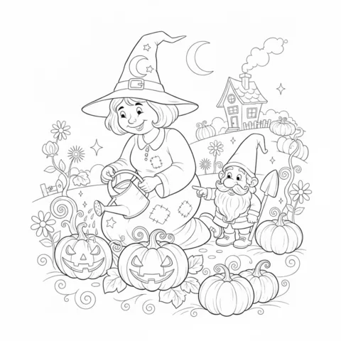 Desenho de bruxa para colorir: uma bruxa regando abóboras de Halloween em um jardim com um gnomo e uma casinha
