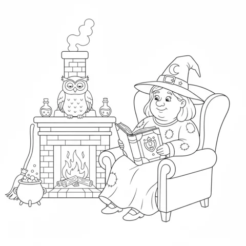 Desenho de bruxa para colorir: uma bruxa lendo um livro de feitiços em uma poltrona perto de uma lareira com uma coruja