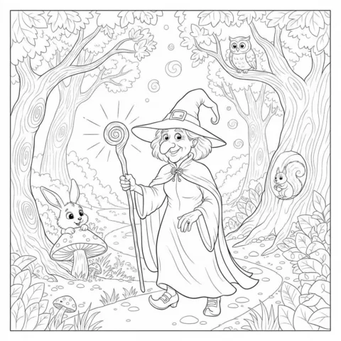 Desenho de bruxa para colorir: uma bruxa velha com um cajado mágico caminhando em uma floresta com animais