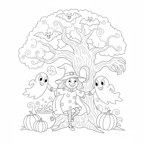 Desenho de bruxa para colorir: uma bruxa dançando com dois fantasmas debaixo de uma árvore com morcegos e abóboras