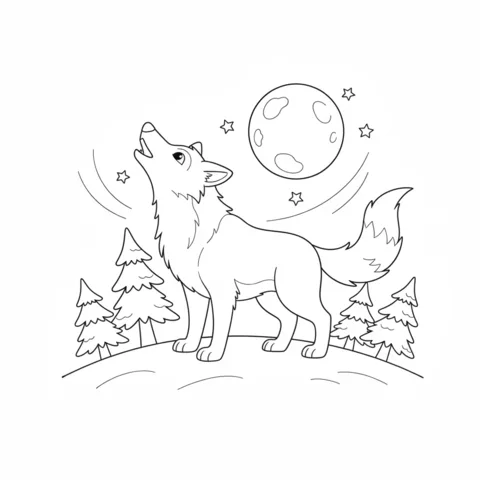 Disegno di lupo da colorare: un lupo che ulula alla luna piena circondato da stelle e pini