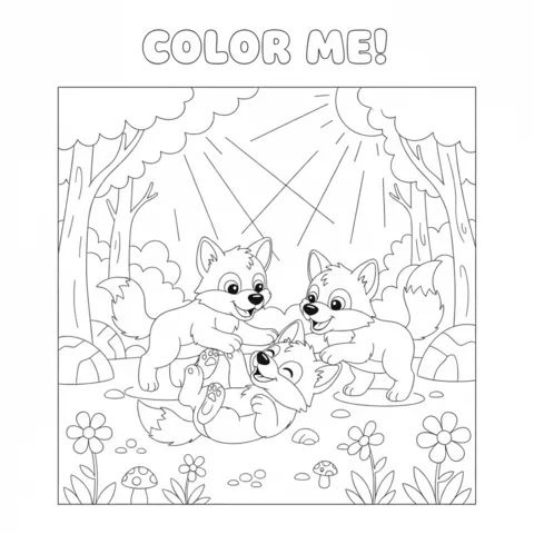 Disegno di lupo da colorare: tre cuccioli di lupo giocosi sotto il sole in una foresta con fiori e funghi