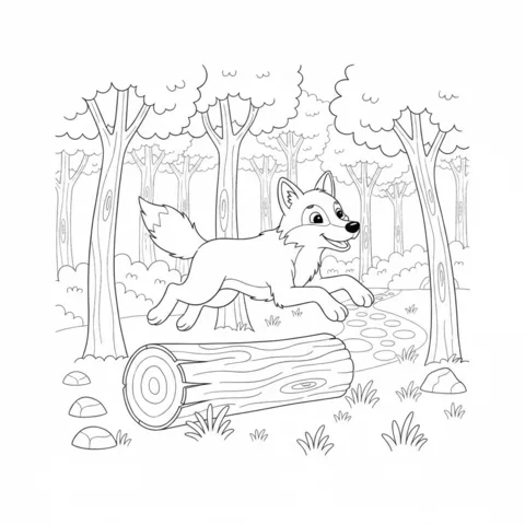 Disegno di lupo da colorare: un cucciolo di lupo che salta sopra un tronco su un sentiero nel bosco con alberi alti