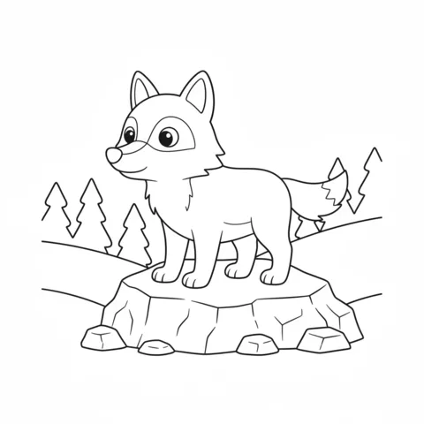Disegno di lupo da colorare: un simpatico cucciolo di lupo in piedi su una grande roccia in un paesaggio innevato