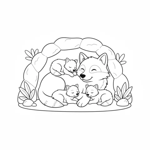 Disegno di lupo da colorare: una lupa e tre cuccioli di lupo che dormono all'interno di una tana accogliente
