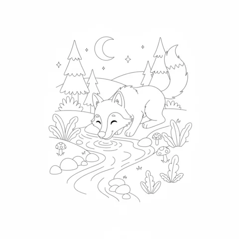 Disegno di lupo da colorare: un cucciolo di lupo che beve acqua da un ruscello in una foresta di notte